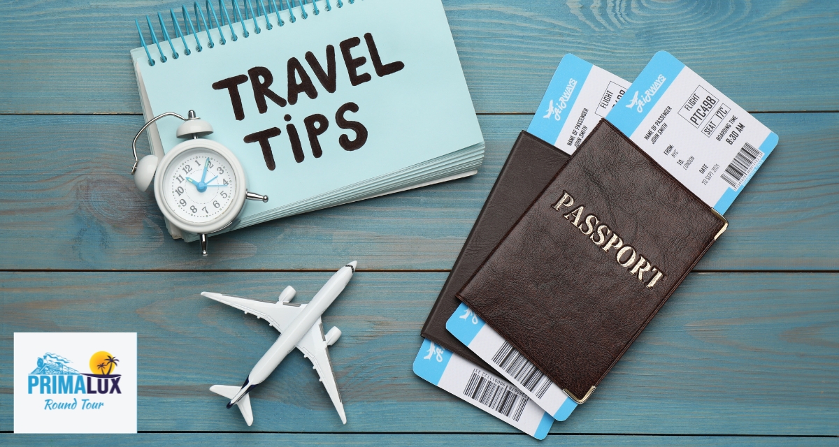Travel tips notebook and passport